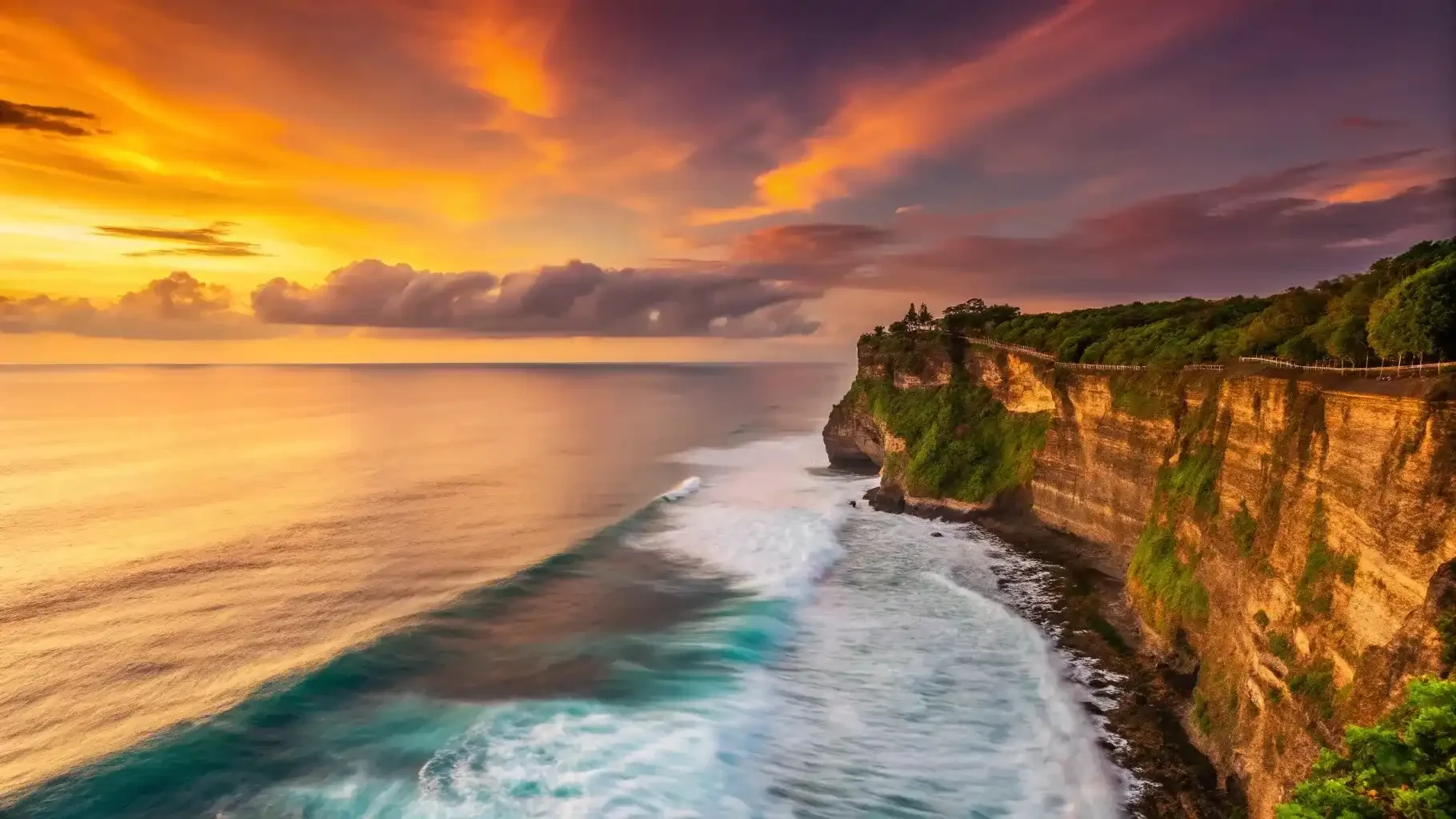 Cliffs and surf at sunset in Uluwatu, Bali