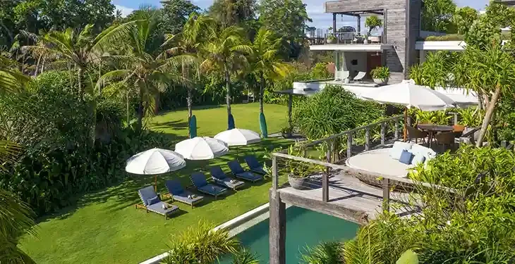 Open living pavilion facing the sea at a villa in Bali