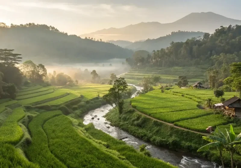 Rice terraces and river valley in Bali